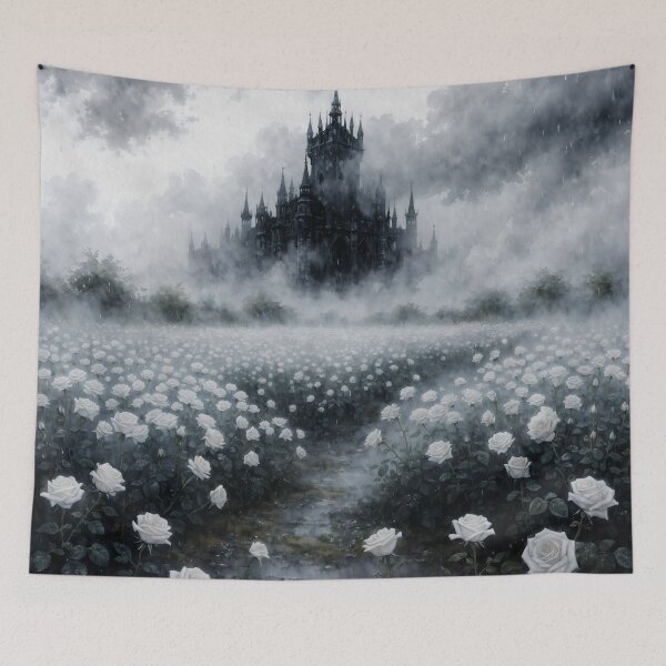 Item preview, Gothic White Rose Garden with Misty Castle – Dark Romantic Fantasy Landscape Art designed and sold by cr6zym1nd.