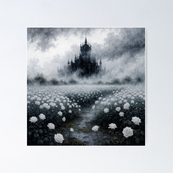 Item preview, Gothic White Rose Garden with Misty Castle – Dark Romantic Fantasy Landscape Art designed and sold by cr6zym1nd.