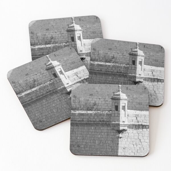 Item preview, Historic Stone Watchtower On Fortress Wall in Black And White With Strong Light And Shadow designed and sold by Nmallia.