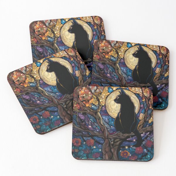 Item preview, Stained Glass Black Cat Tree Moon Art designed and sold by GrinGalore.