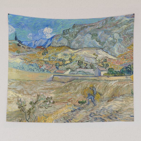 Item preview, Landscape at Saint Rémy Enclosed Field With Peasant by Vincent van Gogh: Fine Art Poster designed and sold by artofuniverse.