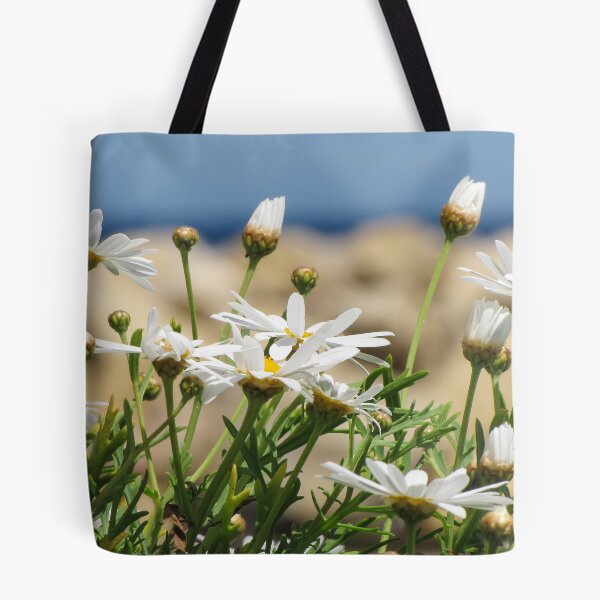 Item preview, White Daisies in Bloom on a Sunny Coastal Cliff With Ocean Background and Green Foliage designed and sold by Nmallia.