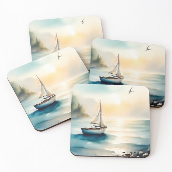 Item preview, Ethereal Sailboat at Sunset | Minimalist Coastal Watercolor designed and sold by Art-Inspir-AI.