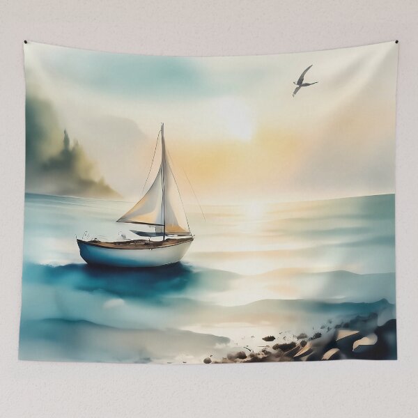Item preview, Ethereal Sailboat at Sunset | Minimalist Coastal Watercolor designed and sold by Art-Inspir-AI.