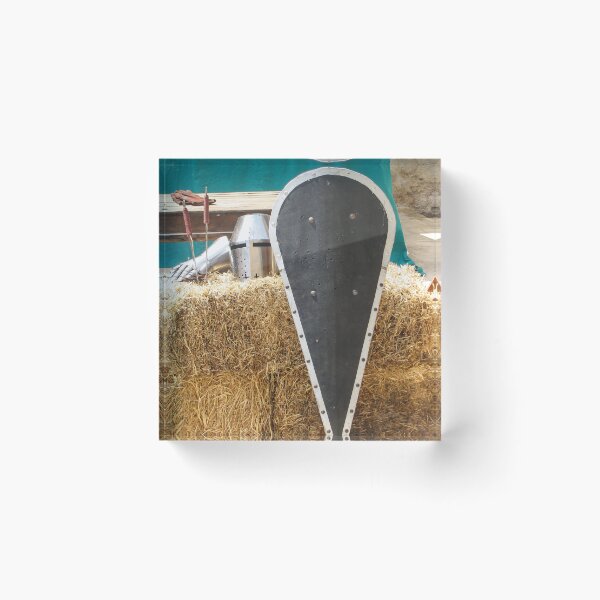 Item preview, Medieval Kite Shield and Helmet Resting on Straw Bales With Gauntlet and Weapons designed and sold by Nmallia.