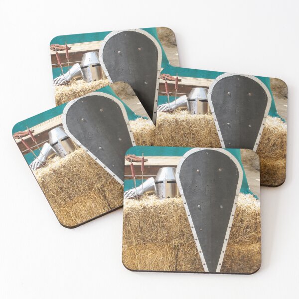 Item preview, Medieval Kite Shield and Helmet Resting on Straw Bales With Gauntlet and Weapons designed and sold by Nmallia.