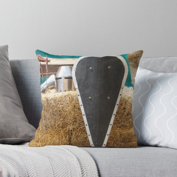 Item preview, Medieval Kite Shield and Helmet Resting on Straw Bales With Gauntlet and Weapons designed and sold by Nmallia.