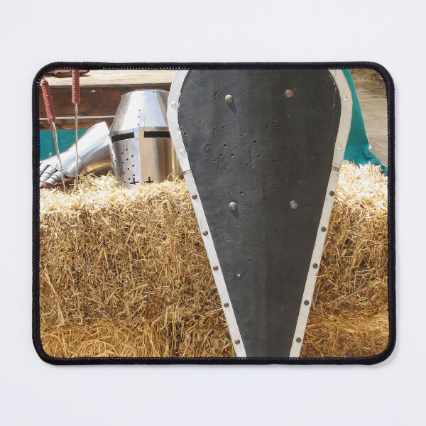 Item preview, Medieval Kite Shield and Helmet Resting on Straw Bales With Gauntlet and Weapons designed and sold by Nmallia.