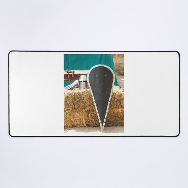 Item preview, Medieval Kite Shield and Helmet Resting on Straw Bales With Gauntlet and Weapons designed and sold by Nmallia.