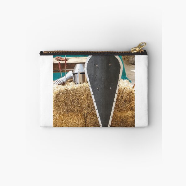 Item preview, Medieval Kite Shield and Helmet Resting on Straw Bales With Gauntlet and Weapons designed and sold by Nmallia.