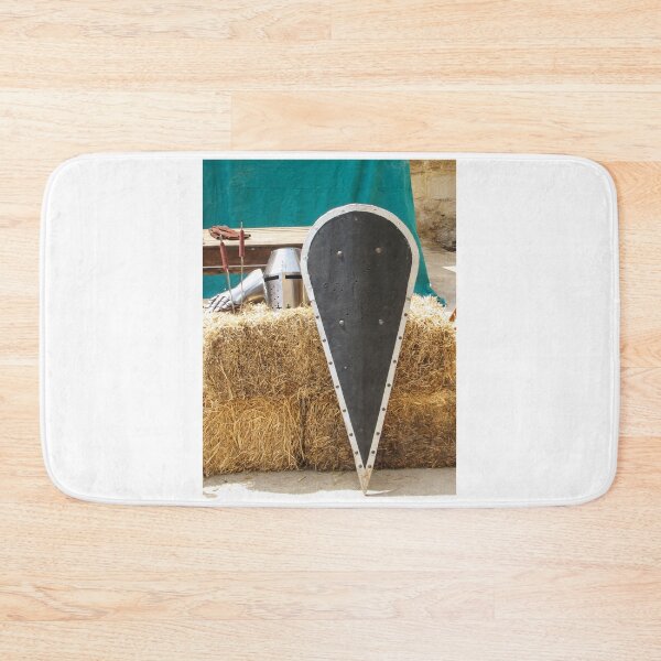 Item preview, Medieval Kite Shield and Helmet Resting on Straw Bales With Gauntlet and Weapons designed and sold by Nmallia.