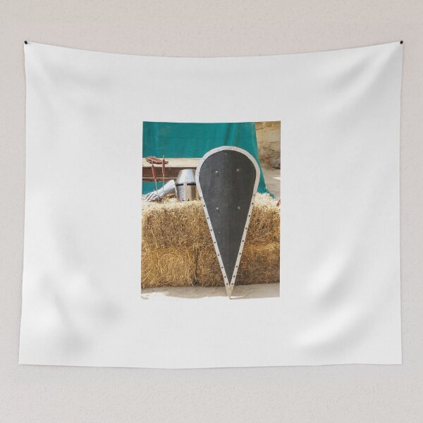 Item preview, Medieval Kite Shield and Helmet Resting on Straw Bales With Gauntlet and Weapons designed and sold by Nmallia.