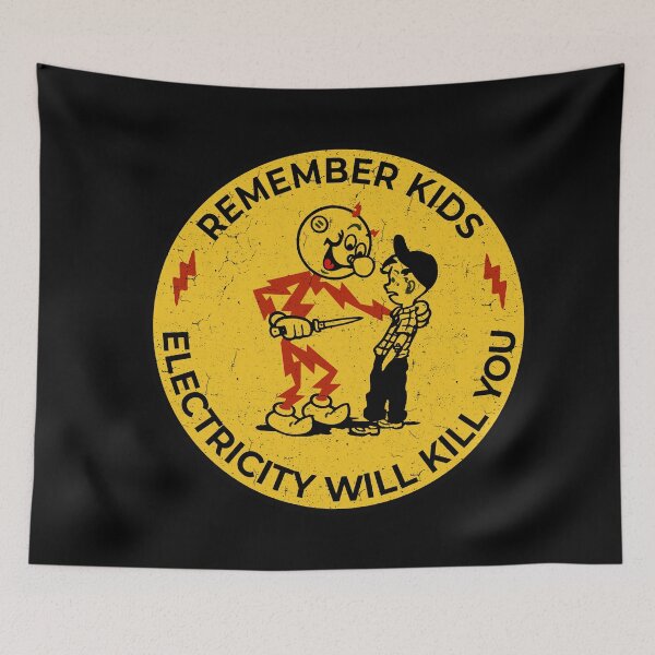 Item preview, Reddy Kilowatt sticker, vintage sparky, funny electrician, remember kids electricity will kill you, electric hazard warning, lineman hard hat  designed and sold by CharmedVille.