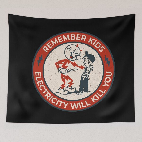 Item preview, Reddy Kilowatt sticker, vintage sparky, funny electrician, remember kids electricity will kill you, electric hazard warning, lineman hard hat  designed and sold by CharmedVille.