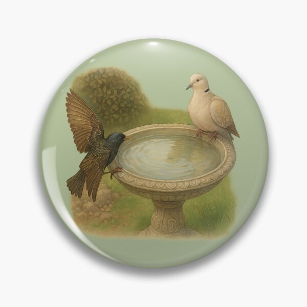 Item preview, Starling and Collared Dove at the Ornate Birdbath designed and sold by ChirpInc.