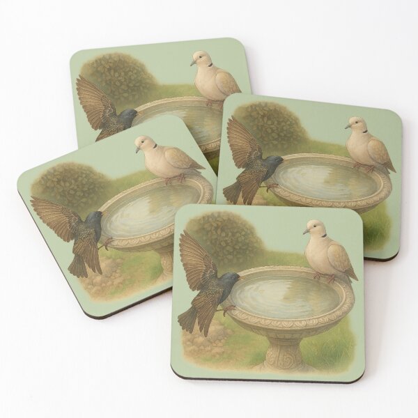 Item preview, Starling and Collared Dove at the Ornate Birdbath designed and sold by ChirpInc.