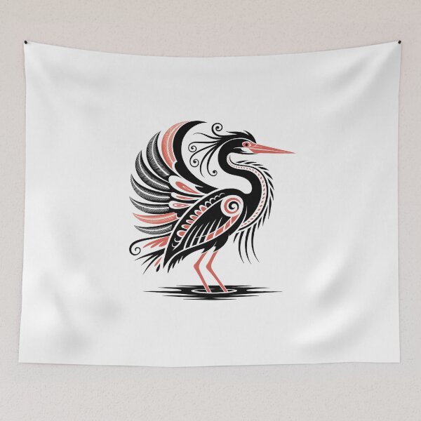 Item preview, Tribal Heron Bird – Stylized Crane Illustration with Red Accents designed and sold by ArcticFoxStudio.