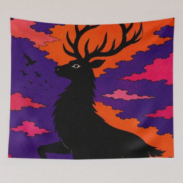 Artikelvorschau, Hirschaufgang in der Dämmerung – Hirschsilhouette im Sonnenuntergang als Wandbild, farbenfrohes Tierposter, moderner Leinwanddruck entworfen und verkauft von FantasyVillaArt.