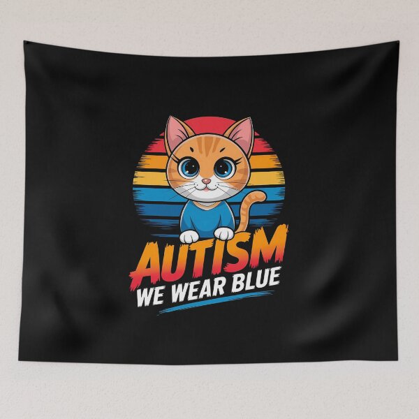 Item preview, Cute Autism Cat – We Wear Blue Retro Sunset Design, Autism Awareness Gift designed and sold by TrendPrinter.