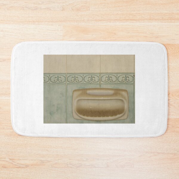 Item preview, Vintage Ceramic Soap Dish Mounted on Patterned Bathroom Tile Wall Showing Grime and Wear designed and sold by Nmallia.
