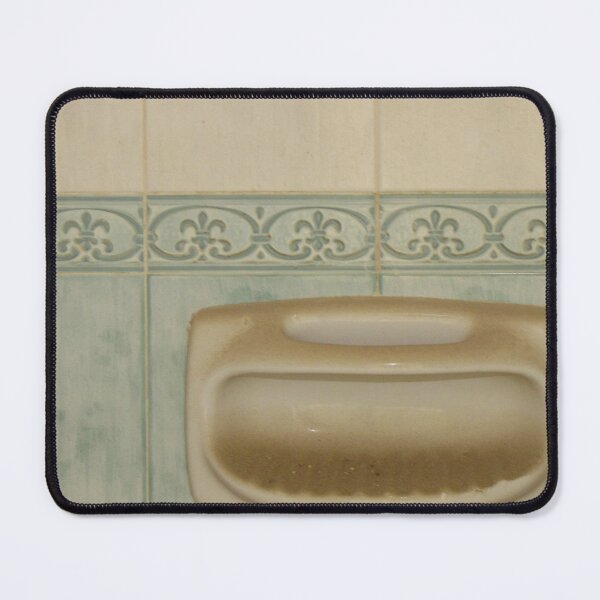 Item preview, Vintage Ceramic Soap Dish Mounted on Patterned Bathroom Tile Wall Showing Grime and Wear designed and sold by Nmallia.