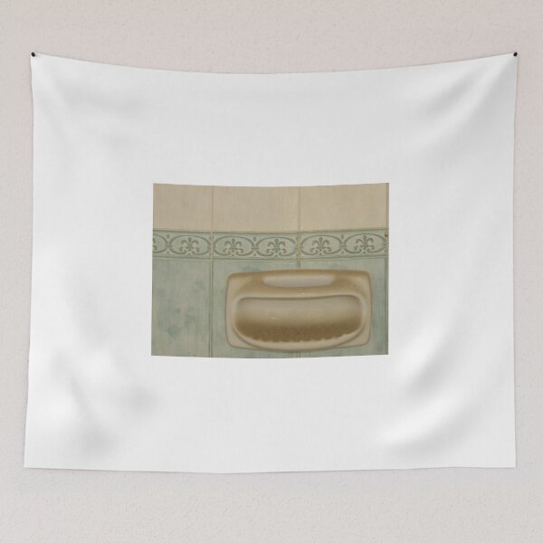 Item preview, Vintage Ceramic Soap Dish Mounted on Patterned Bathroom Tile Wall Showing Grime and Wear designed and sold by Nmallia.