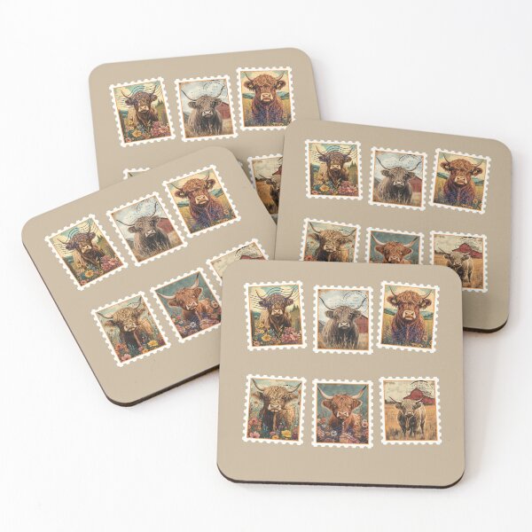 Item preview, Retro Highland Cow Floral Postage Stamps designed and sold by Windmill Wildflowers.