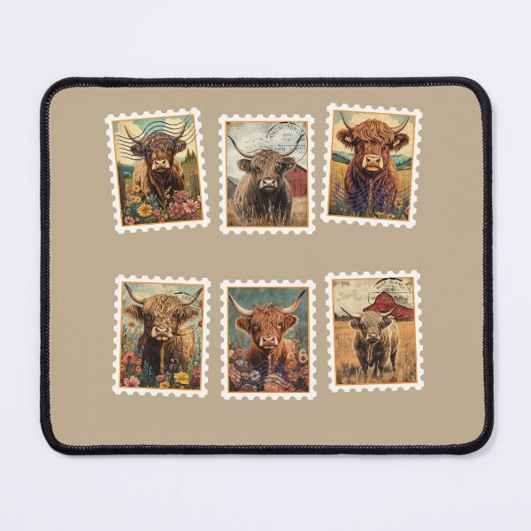 Item preview, Retro Highland Cow Floral Postage Stamps designed and sold by Windmill Wildflowers.