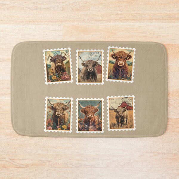 Item preview, Retro Highland Cow Floral Postage Stamps designed and sold by Windmill Wildflowers.