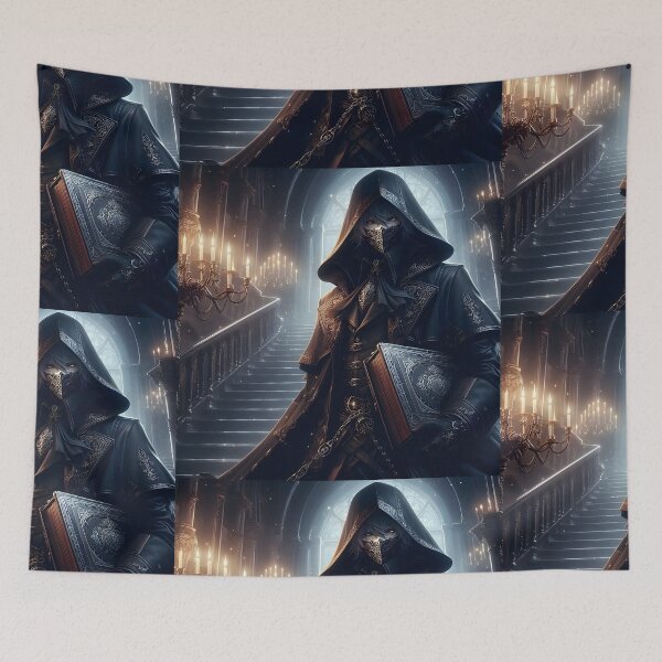 Item preview, The Veiled Oracle: A Mysterious Hooded Figure holding an Ancient Grimoire in a Gothic Castle Hall designed and sold by MouradStudio.