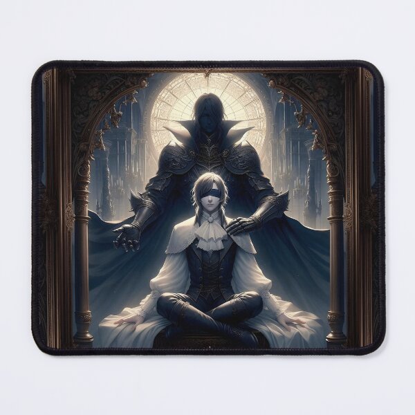 Item preview, The Guided Destiny: Veiled Truths, A Blindfolded Noble Bishounen and His Imposing Shadow Sentinel in a Gothic Hall designed and sold by MouradStudio.