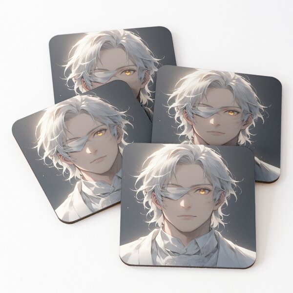 Item preview, The Silent Oracle: Mystical White-Haired Anime Bishounen in an Elegant White Suit with an Arcane Laced Eyepatch and a Glowing Golden Eye designed and sold by MouradStudio.