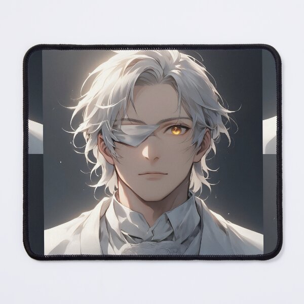 Item preview, The Silent Oracle: Mystical White-Haired Anime Bishounen in an Elegant White Suit with an Arcane Laced Eyepatch and a Glowing Golden Eye designed and sold by MouradStudio.