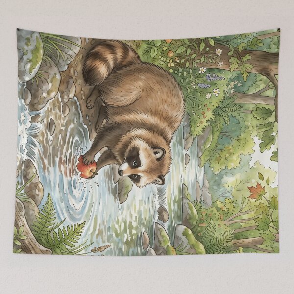 Item preview, Mapache junto al río: una ilustración caprichosa de la fauna del bosque. designed and sold by RubisLeaf.