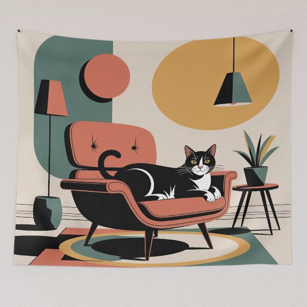 Item preview, Mid Century Modern Cat Art – Retro Lounge Chair Atomic Interior Print designed and sold by Tamas Das.