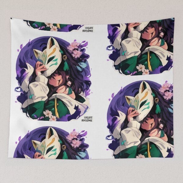 Aperçu de l'œuvre Autocollant de fille au masque de kitsune mystique – Art anime japonais de l'esprit renard créée et vendue par Sticker Hubs.