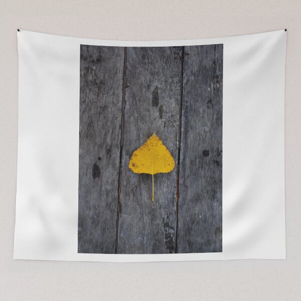 Item preview, Single Yellow Leaf on Rustic Wood – Minimal Autumn Composition designed and sold by onubi.