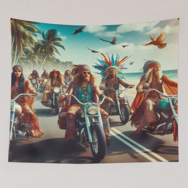 Item preview, Realistic Hippie Motorcycle Ride along a Sunny Coastal Road with Retro Freedom Vibes designed and sold by FotoworldEdel.