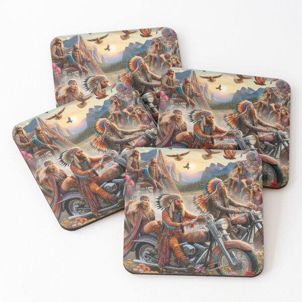 Item preview, Expressive Hippie Riders in a Vibrant Mountain Sunset Full of Color and Motion designed and sold by FotoworldEdel.