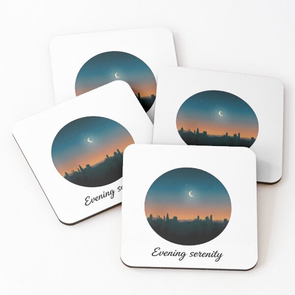 Item preview, A crescent moon shines in a twilight sky over a silhouetted cityscape.  designed and sold by ARTSIT-SHOP.