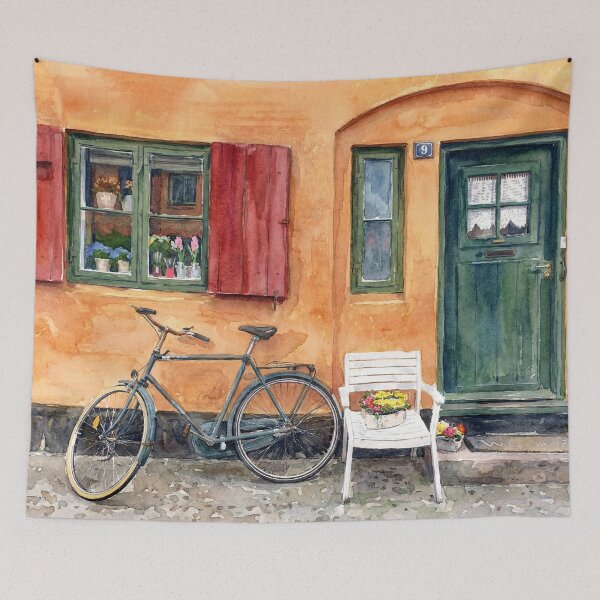 Item preview, Copenhagen Charm: Vintage Bicycle and Orange Wall Watercolor designed and sold by Gene Lvov.
