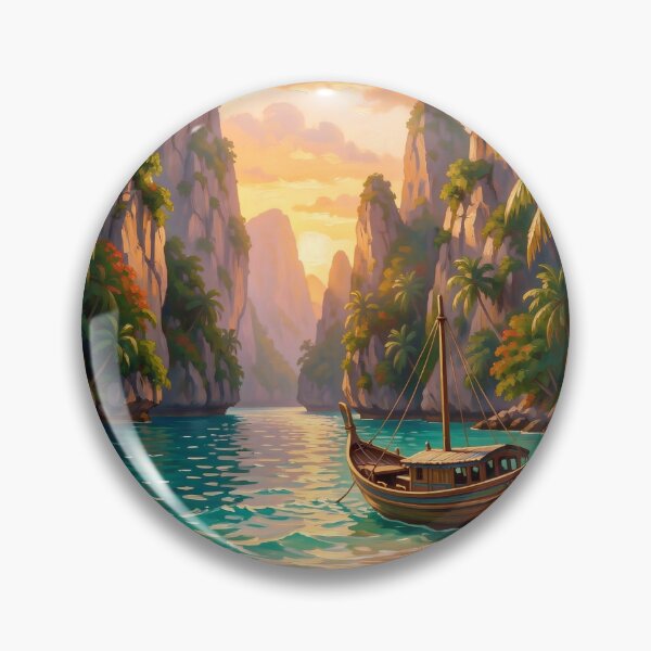 Item preview, Tropical Sunset Bay with Traditional Longtail Boat designed and sold by Serene Strokes Art.