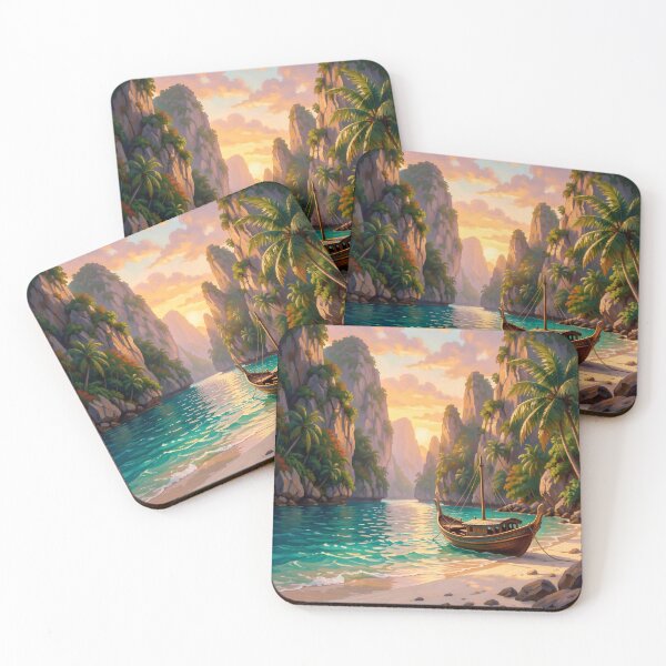 Item preview, Tropical Sunset Bay with Traditional Longtail Boat designed and sold by Serene Strokes Art.
