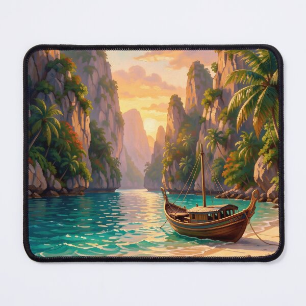Item preview, Tropical Sunset Bay with Traditional Longtail Boat designed and sold by Serene Strokes Art.