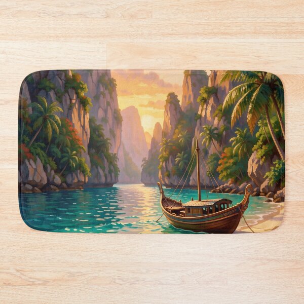 Item preview, Tropical Sunset Bay with Traditional Longtail Boat designed and sold by Serene Strokes Art.