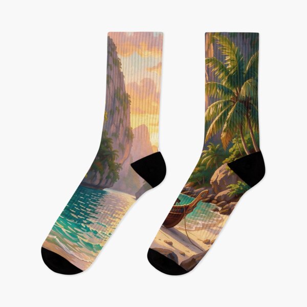 Item preview, Tropical Sunset Bay with Traditional Longtail Boat designed and sold by Serene Strokes Art.