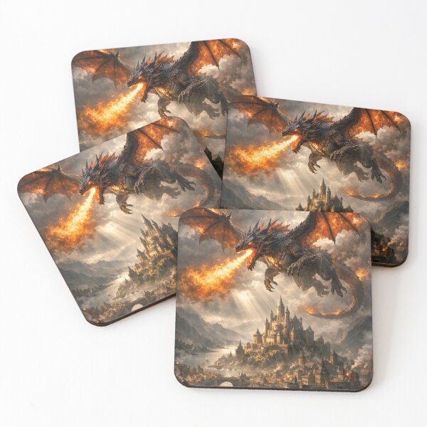 Item preview, Fire Dragon Attacking Medieval Castle City – Epic Fantasy Dragon Art designed and sold by DrakariArt.