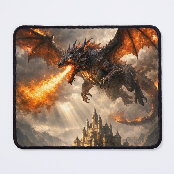 Item preview, Fire Dragon Attacking Medieval Castle City – Epic Fantasy Dragon Art designed and sold by DrakariArt.