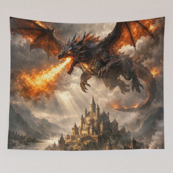Item preview, Fire Dragon Attacking Medieval Castle City – Epic Fantasy Dragon Art designed and sold by DrakariArt.