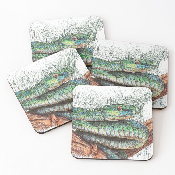 Item preview, Vibrant Green Snake Coiled on Wooden Branch - Nature Wildlife Art designed and sold by Stick-Shop9.